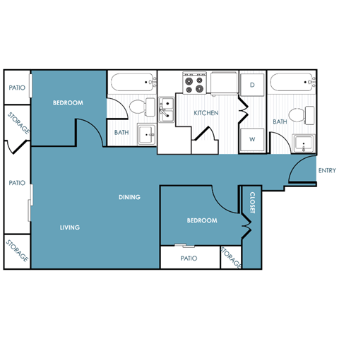 Floor plan for 2 beds, 2 baths, 972 sqft